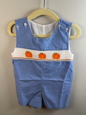 Classic Whimsy Blue Gingham Smocked Pumpkin Shortie Jon Jon Size 6m NWT
